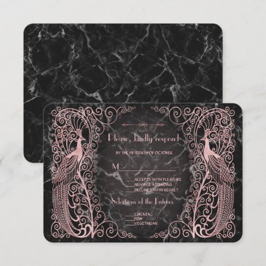 Roos Goud Marmer Art Deco Peacocks RSVP (Voorkant / Achterkant)