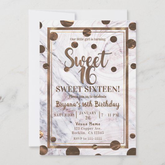 Roos Goud Marmer Brons Koper Sweet 16 Party Kaart (Voorkant)