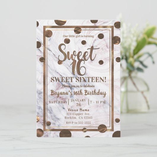 Roos Goud Marmer Brons Koper Sweet 16 Party Kaart (Staand voorkant)