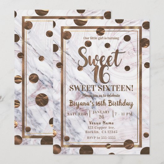 Roos Goud Marmer Brons Koper Sweet 16 Party Kaart (Voorkant / Achterkant)
