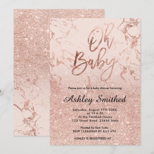 Roos goud marmer glitter roze ombre Oh baby shower Kaart (Voorkant / Achterkant)