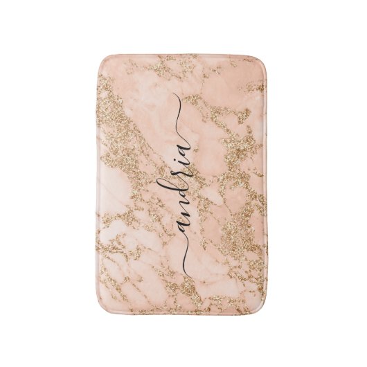 Roos Goud Marmer Glitter, Zwart Script Naam Badmat (Voorkant Verticaal)