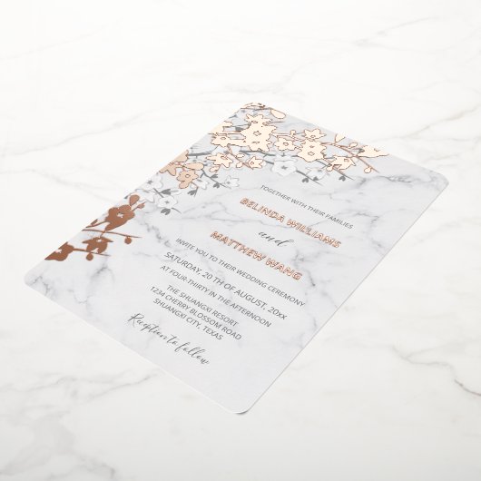 Roos Goud Marmer | Kersenbloesem bruiloft Folie Uitnodiging (Gedraaid)
