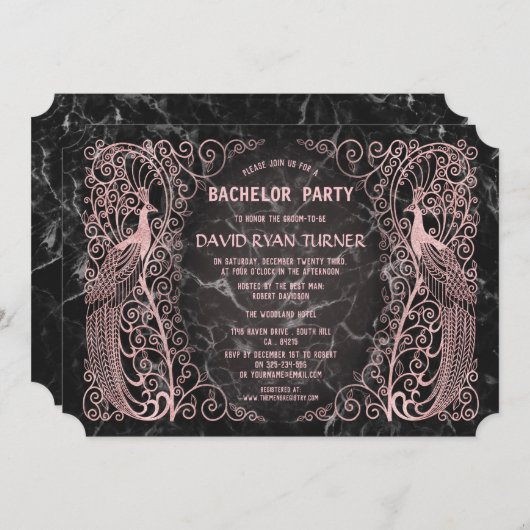 Roos Goud Marmeren Art Deco Pauw bruiloft Uitnodig Kaart (Voorkant / Achterkant)