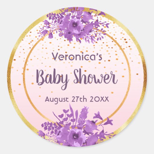 Roos goud met confetti en bloemen baby shower ronde sticker (Voorkant)