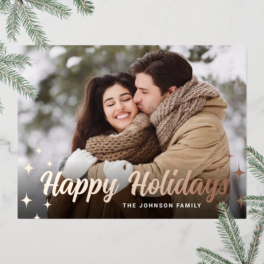 Roos goud met kerstfeestjes folie feestdagen briefkaart