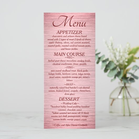 Roos Goud Metallic Bruiloft Receptie Menu (Staand voorkant)