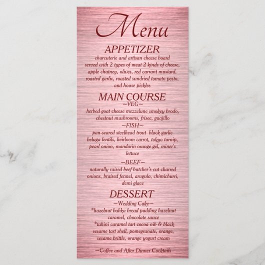 Roos Goud Metallic Bruiloft Receptie Menu (Voorkant)