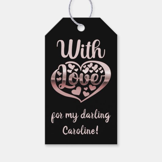 Roos goud metallisch uitziende Valentijn hartliefd Cadeaulabel (Voorkant)