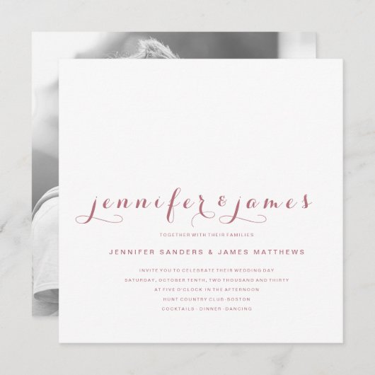 Roos Goud Minimal Script Modern Photo Wedding Kaart (Voorkant / Achterkant)