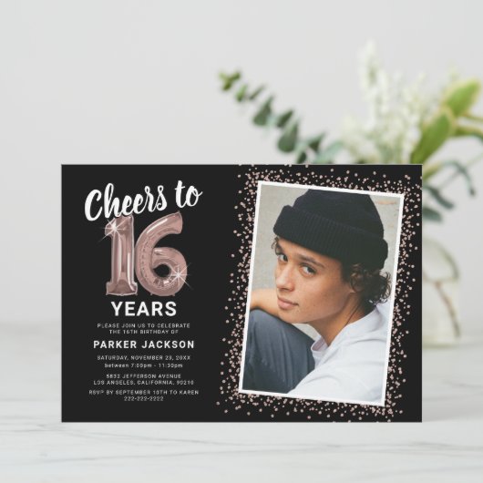 Roos Goud Modern 16e Verjaardagsfoto Kaart (Staand voorkant)