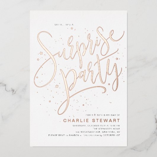 Roos Goud Modern Script Elke Leeftijd Verrassingsf Folie Uitnodiging (Voorkant)