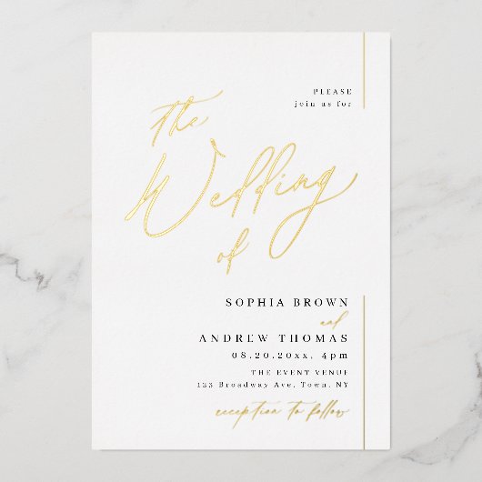 Roos goud modern script minimalistisch fotohuwelij folie uitnodiging (Voorkant)