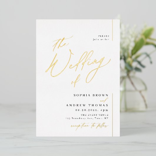 Roos goud modern script minimalistisch fotohuwelij folie uitnodiging (Staand Voorkant)