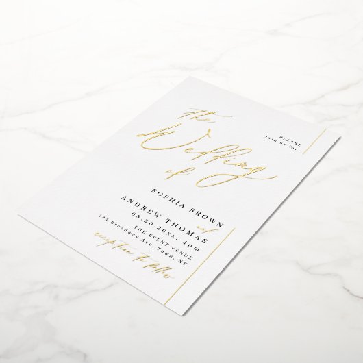 Roos goud modern script minimalistisch fotohuwelij folie uitnodiging (Gedraaid)