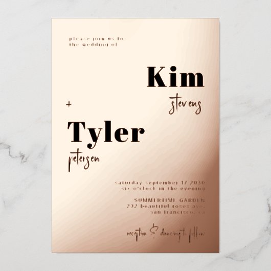 Roos goud moderne gedurfde typografie elegante bru folie uitnodiging (Voorkant)