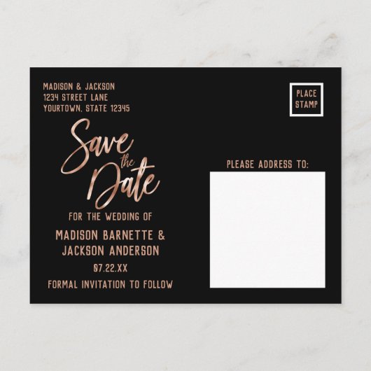 Roos Goud Moderne Typografie Bruiloft Save the Dat Aankondigingskaart (Achterkant)