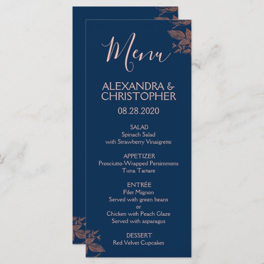 Roos Goud Navy Blauw Bloemen Elegant Bruiloft Menu (Voorkant / Achterkant)