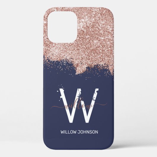 Roos Goud Navy Blauw Girly Dust Monogram Case-Mate iPhone Case (Achterkant)