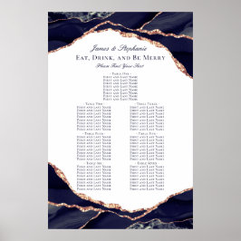 Roos Goud Navy Blue Agaat Bruiloft Zittingkaart Poster