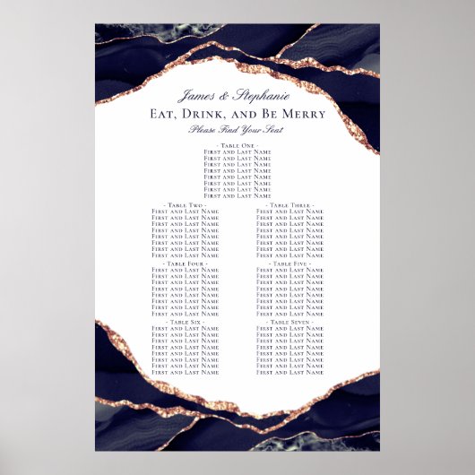 Roos Goud Navy Blue Agaat Bruiloft Zittingkaart Poster (Voorkant)