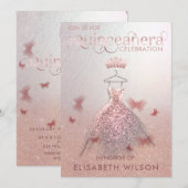 Roos goud ombre vlinder tiara Quinceañera Invit Kaart (Voorkant / Achterkant)