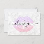 Roos goud & paarse glitter lippen wit marmer bedankkaart (Voorkant)