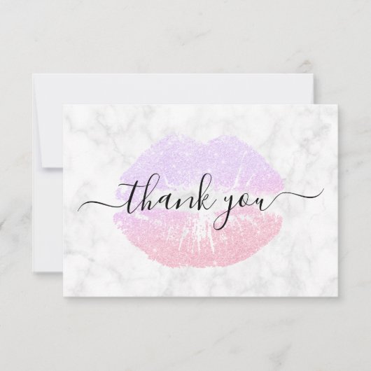 Roos goud & paarse glitter lippen wit marmer bedankkaart (Voorkant)