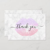 Roos goud & paarse glitter lippen wit marmer bedankkaart (Voorkant / Achterkant)