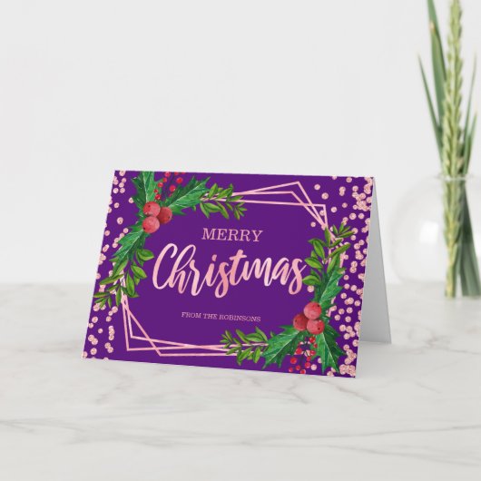 Roos Goud Paarse Holly Glitter Confetti Kerst Kaart (Voorkant)