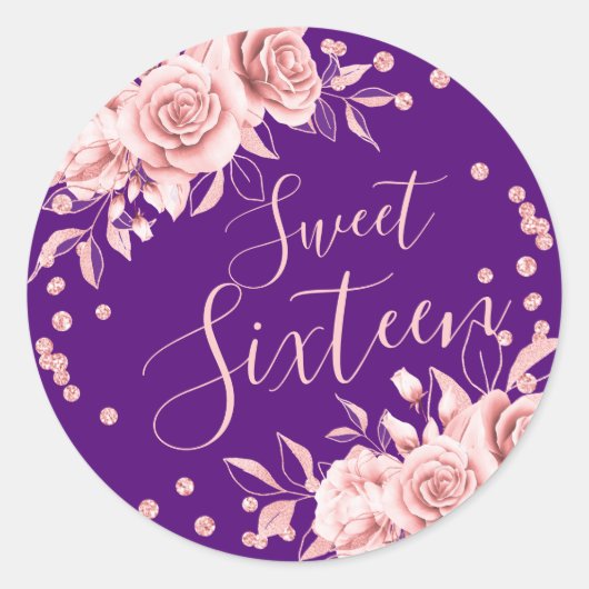 Roos Goud Paarse Sweet 16 Verjaardag Bloemen Glitt Ronde Sticker (Voorkant)