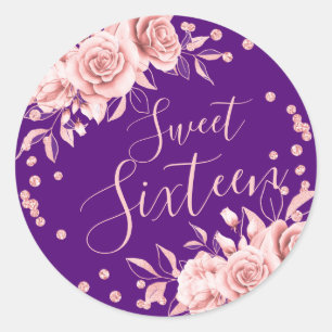 Roos Goud Paarse Sweet 16 Verjaardag Bloemen Glitt Ronde Sticker