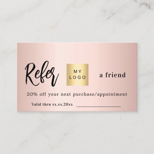 Roos goud qr code business logo verwijzingskaart kortingskaartje (Voorkant)