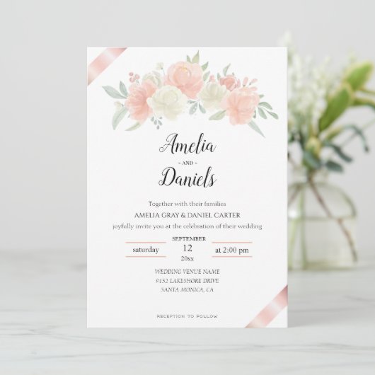 Roos goud Ribbon Pink White Weduwen Uitnodiging (Staand voorkant)