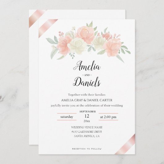 Roos goud Ribbon Pink White Weduwen Uitnodiging (Voorkant / Achterkant)