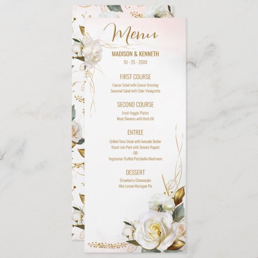 Roos Goud Romantisch Bloemen Trouwmenu Menu (Voorkant / Achterkant)
