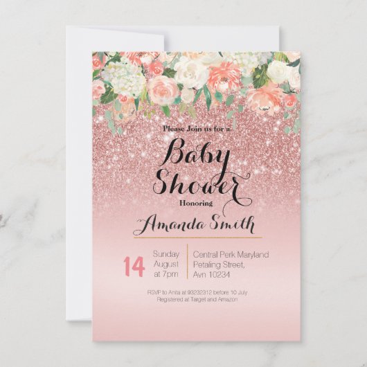 Roos Goud Roze Baby shower uitnodiging (Voorkant)