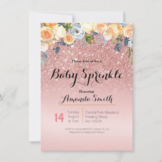 Roos Goud Roze Baby Sprinkle uitnodiging Blauw (Voorkant)