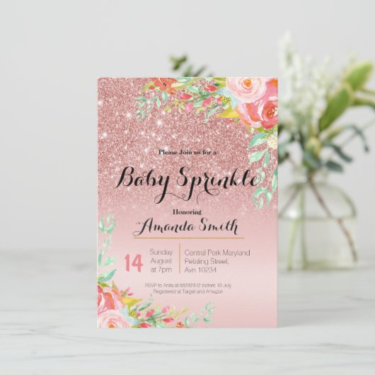 Roos Goud Roze Baby Sprinkle uitnodiging Bloemen (Staand voorkant)