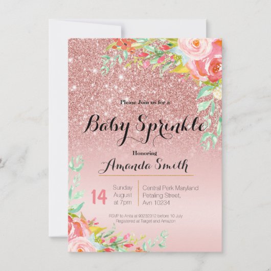 Roos Goud Roze Baby Sprinkle uitnodiging Bloemen (Voorkant)