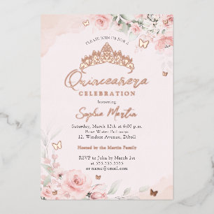 Roos Goud Roze Bloeiende Vlinder Quinceanera Folie Uitnodiging