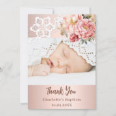 Roos Goud Roze Bloemen Doop Foto Dank u kaart (Voorkant)