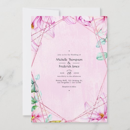 Roos Goud & Roze Bloemen Geometrische Bruiloft Kaart (Voorkant)