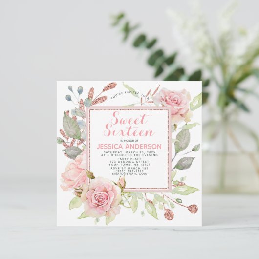 Roos Goud Roze Bloemen Glitter Sweet Sixteen Kaart (Staand voorkant)