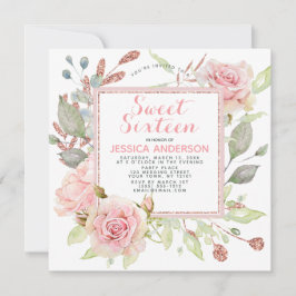 Roos Goud Roze Bloemen Glitter Sweet Sixteen Kaart