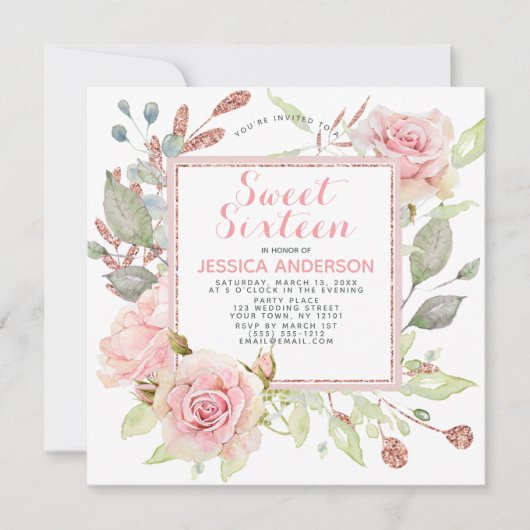 Roos Goud Roze Bloemen Glitter Sweet Sixteen Kaart (Voorkant)