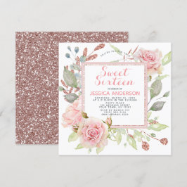 Roos Goud Roze Bloemen Glitter Sweet Sixteen Kaart