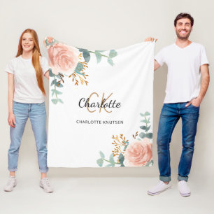 Roos Goud Roze Bloemen Groen Monogram Naam Fleece Deken