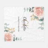 Roos Goud Roze Bloemen Groen Monogram Naam Fleece Deken (Voorkant (Horizontaal))