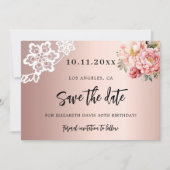 Roos Goud Roze Bloemen Kant Birthday Save The Date (Voorkant)